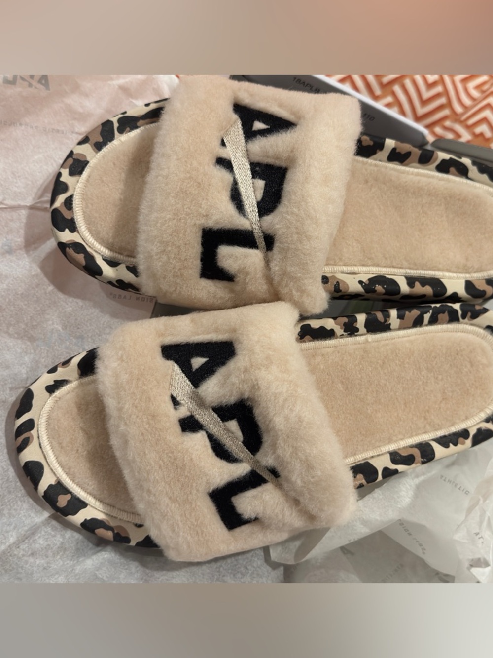 AFL Shearling Slide Sandals in Beige with Leopard Trim